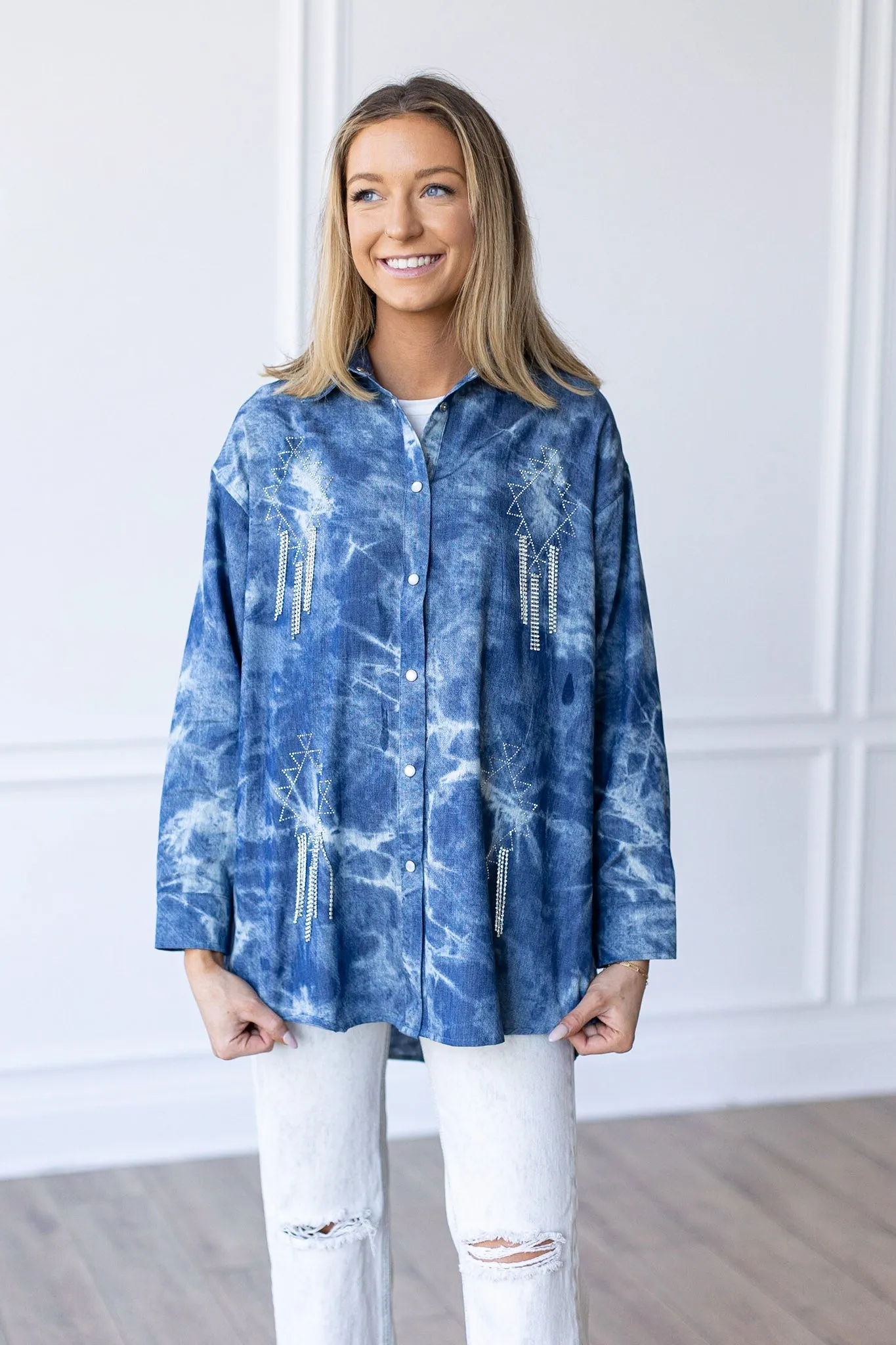 'Sparkles and Spurs' Denim Button-Up with Rhinestone Fringe