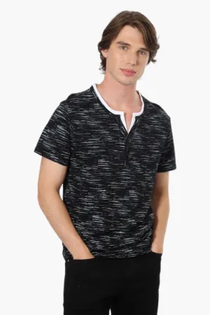 Urbanology Patterned V-Neck Henley Tee - Black