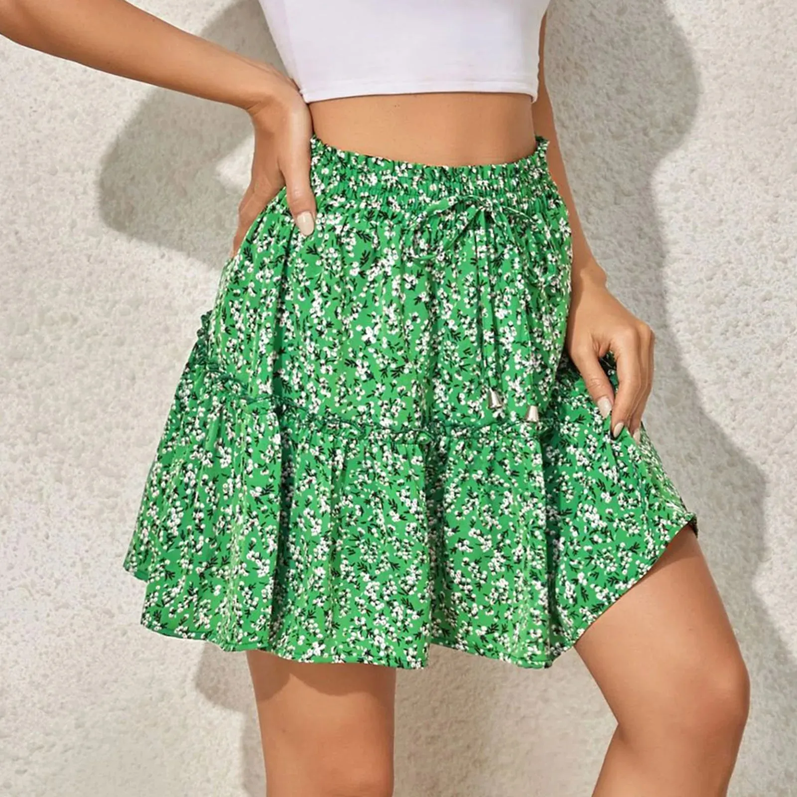 Vintage Floral Print High Waist Ruffle Skirt Casual Swing Bohemian Beach Pleated Mini Summer Skirt