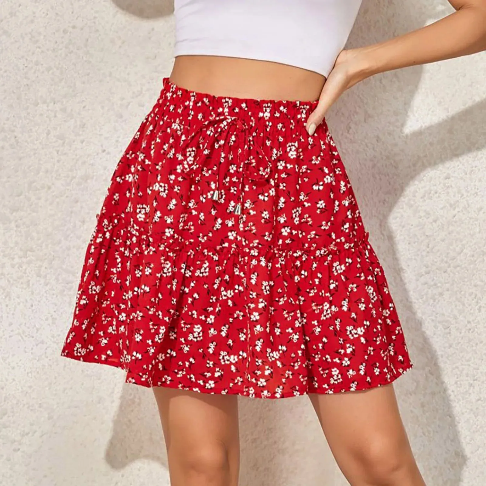 Vintage Floral Print High Waist Ruffle Skirt Casual Swing Bohemian Beach Pleated Mini Summer Skirt