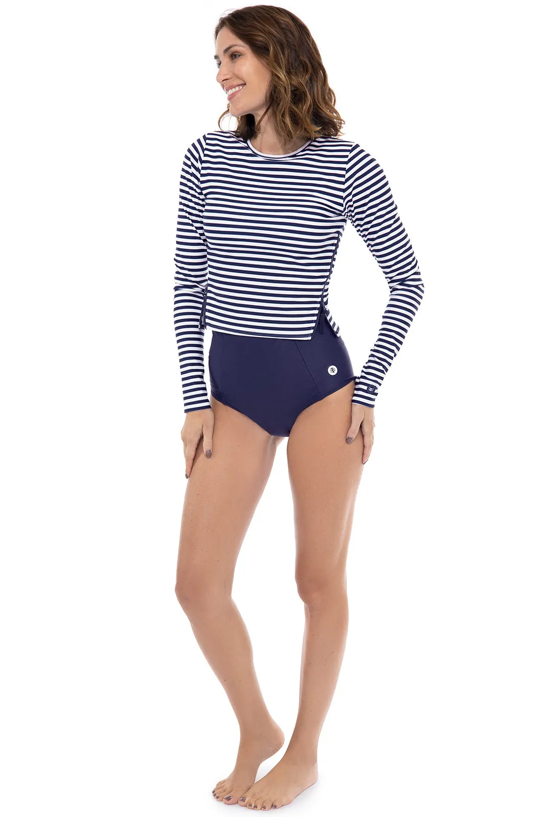 Women's Bayfront Rash Guard Bra Top  | White/Navy Stripe