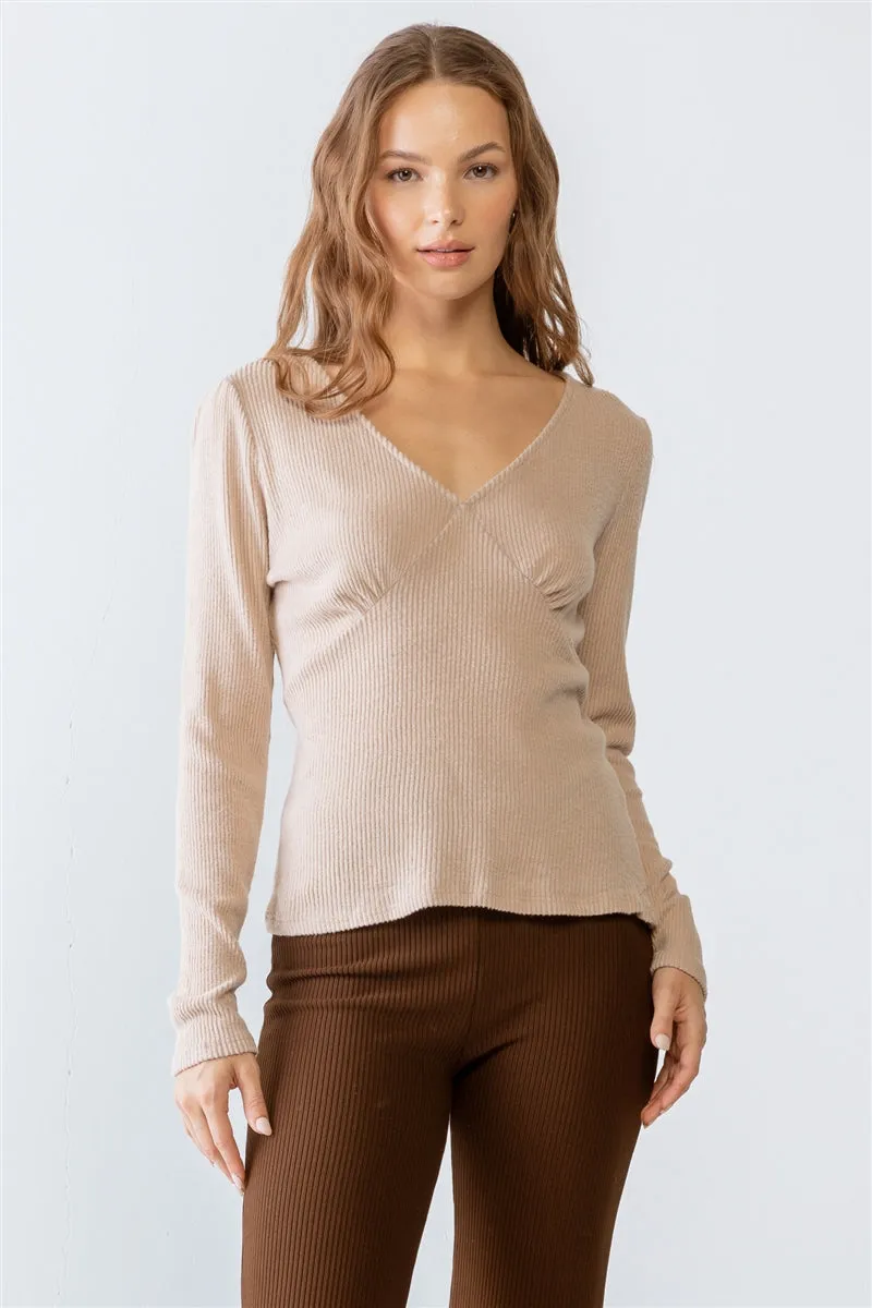 Women's Sand Ribbed V-neck Long Sleeve Soft To Touch Top