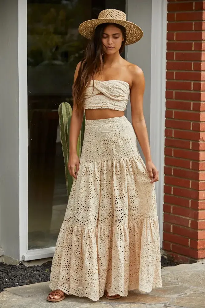 Woven Eyelet Gauze Scallop Ruffle Maxi Skirt